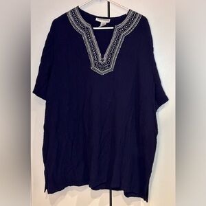 Cathy Daniel’s Women’s blue & white embroidered collar tunic top  Size 3X